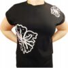 T-shirt damski czarny ozdobne wyszyte białe kwiaty dżety wywinięte rękawki