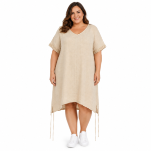 Modelka w beżowej sukience lnianej Big Size 100% len Made in Italy