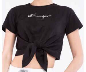 Champion krótki t-shirt top kolor czarny rozmiar L wiązany w pasie bawełna